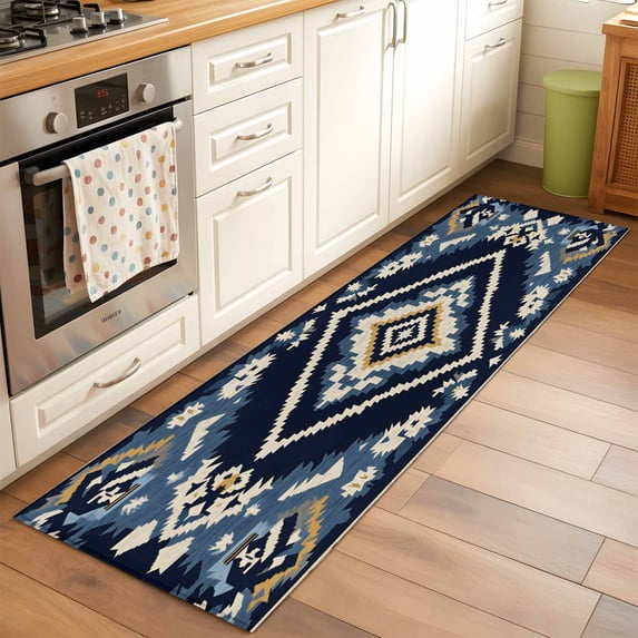 2x6 Kitchen Runner Rug, Navy Blue Brown Boho Non-Skid Rubber Backing Large Rectangle Rugs - Living Room Bedroom Home Office, Vintage Geometric Southwestern Indoor Floor Mat Carpets Washable Rug