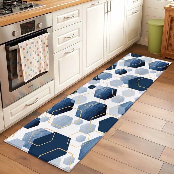 2x6 Kitchen Runner Rug, Navy Blue Marble Non-Skid Rubber Backing Large Rectangle Rugs - Living Room Bedroom Home Office, Gold White Geometric Hexagon Modern Indoor Floor Mat Carpets Washable Rug