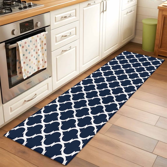 2x6 Kitchen Runner Rug, Navy Blue Morocco Pattern Non-Skid Rubber ...