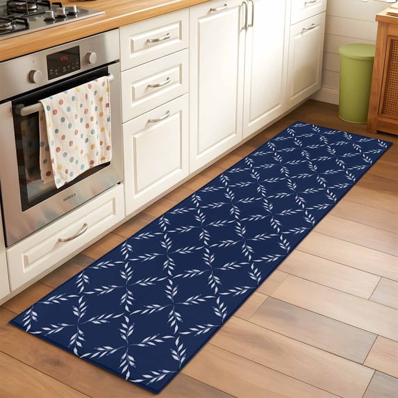 2x6 Kitchen Runner Rug, Navy Blue Non-Skid Rubber Backing Large Rectangle Rugs - Living Room Bedroom Home Office, Geometric Leaf Diamond Plaid Abstract Check Indoor Floor Mat Carpets Washable Rug