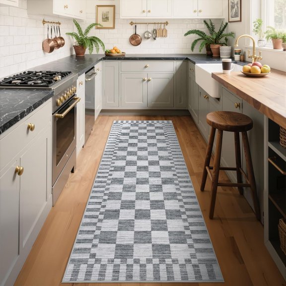 2x6 Kitchen Runner Rug Non Slip,Grey Checkered Rug, Washable Runner Rug for Hallway Soft Low-Pile Geometric Modern Rugs for Entryway
