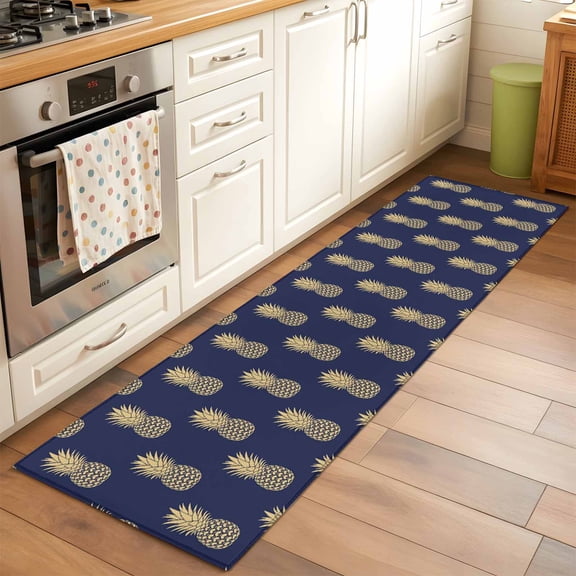 2x6 Kitchen Runner Rug, Pineapple Non-Skid Rubber Backing Large Rectangle Rugs - Living Room Bedroom Home Office, Yellow Fruit Navy Blue Summer Tropical Indoor Floor Mat Carpets Washable Rug