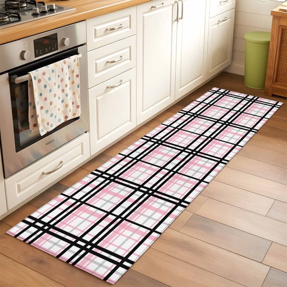2x6 Kitchen Runner Rug, Pink Black Plaid Non-Skid Rubber Backing Large Rectangle Rugs - Living Room Bedroom Home Office, Farmhouse Pink Black Checkered Indoor Floor Mat Carpets Washable Rug