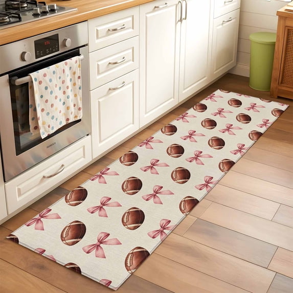 2x6 Kitchen Runner Rug, Pink Bow Football Non-Skid Rubber Backing Large Rectangle Rugs - Living Room Bedroom Home Office, Modern Game Balls Retro Burlap Indoor Floor Mat Carpets Washable Rug