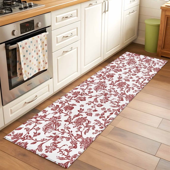 2x6 Kitchen Runner Rug, Red Boho Flower Non-Skid Rubber Backing Large Rectangle Rugs - Living Room Bedroom Home Office, Vintage Paisley Farmhouse Pattern Indoor Floor Mat Carpets Washable Rug