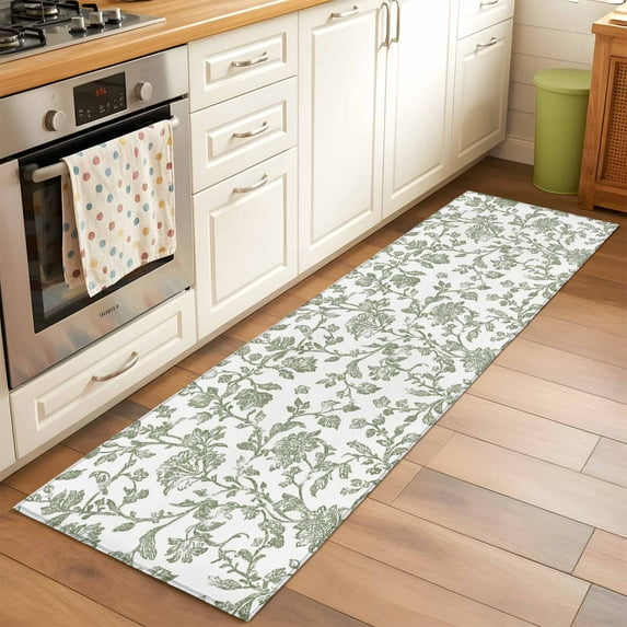 2x6 Kitchen Runner Rug, Sage Green Flower Non-Skid Rubber Backing Large Rectangle Rugs - Living Room Bedroom Home Office, Vintage Farmhouse Boho Leaf Spring Indoor Floor Mat Carpets Washable Rug
