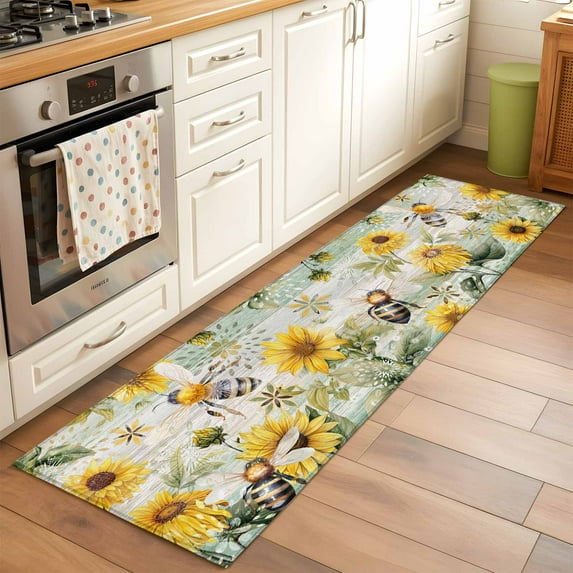 2x6 Kitchen Runner Rug, Sunflower Bee Non-Skid Rubber Backing Large Rectangle Rugs - Living Room Bedroom Home Office, Vintage Summer Botanical Farmhouse Indoor Floor Mat Carpets Washable Rug