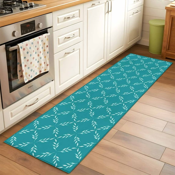 2x6 Kitchen Runner Rug, Teal Morocco Non-Skid Rubber Backing Large Rectangle Rugs - Living Room Bedroom Home Office, Geometric Leaf Diamond Lattice Abstract Indoor Floor Mat Carpets Washable Rug
