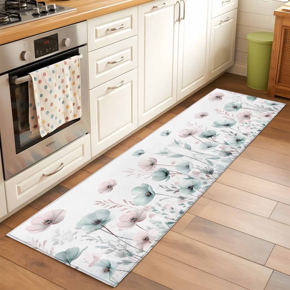 2x6 Kitchen Runner Rug, Teal Pink Spring Floral Non-Skid Rubber Backing Large Rectangle Rugs - Living Room Bedroom Home Office, Summer Botanical Watercolor Indoor Floor Mat Carpets Washable Rug