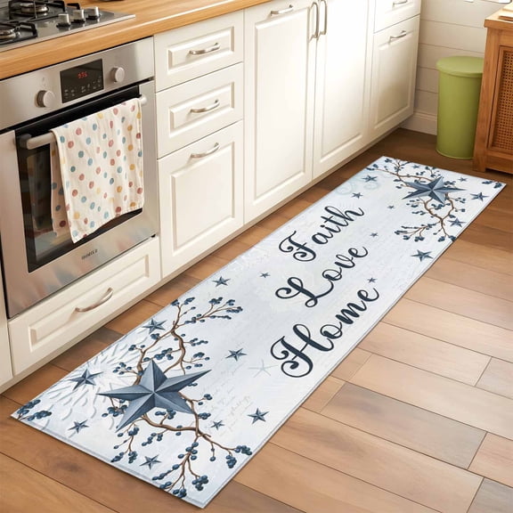 2x6 Kitchen Runner Rug, Texas Star Country Non-Skid Rubber Backing Large Rectangle Rugs - Living Room Bedroom Home Office, Blue Farmhouse Branches Indoor Floor Mat Carpets Washable Rug