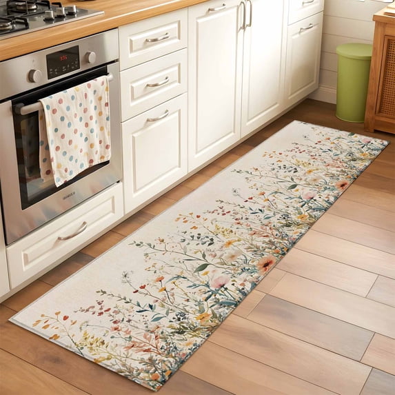 2x6 Kitchen Runner Rug, Vintage Botanical Non-Skid Rubber Backing Large Rectangle Rugs - Living Room Bedroom Home Office, Spring Floral Summer Botanical Rustic Indoor Floor Mat Carpets Washable Rug