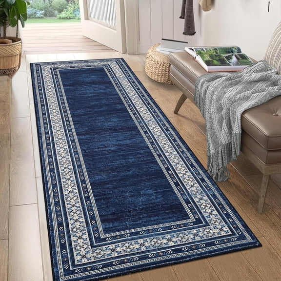 2x6 Kitchen Runner Rugs Washable, Soft Non Slip Hallway Rug Carpet, Indoor Modern Geometric Rugs, Low Pile Throw Runner for Laundry Entryway Bathroom, Blue
