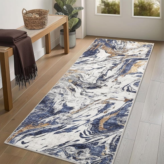 2x6 Machine Washable Runner Rug – Non-Slip Low Pile Foldable Soft Modern Abstract Carpet for Entryway Bathroom Laundry Room Blue.