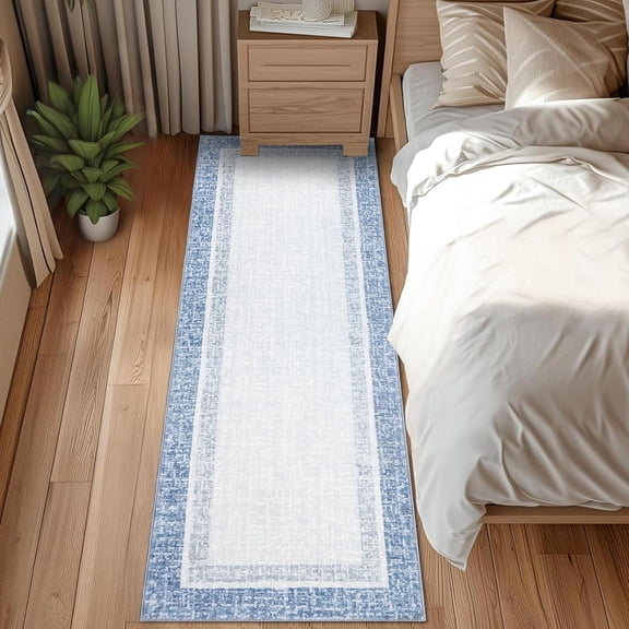 2x6 Modern Bordered Area Rug Machine Washable Runner Rug with Non-Slip Backing Stain Resistant Indoor Carpet Low Pile Floor Cover Soft Folding Runner Rug for Kitchen Hallway Laundry, Blue