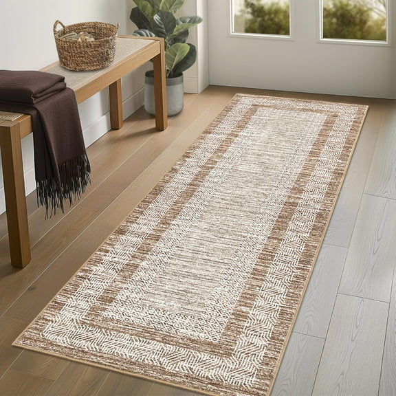2x6 Modern Bordered Runner Rug Soft Non Slip Runner Washable Non Shedding Floor Carpet, Distressed Geometric Hallway Runner, Indoor Printed Runner for Kitchen, Entrance, Brown