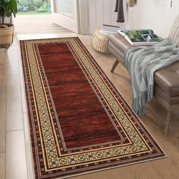 2x6 Modern Geometric Bordered Rug, Red