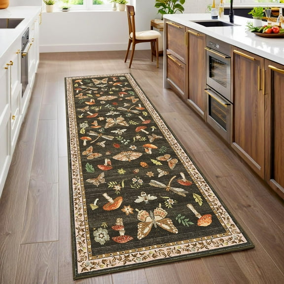 2x6 Mushroom Runner Rug Brown Insect Floral Print Kitchen Rugs Non Slip Washable Hallway Long Bedroom Carpet Low Pile Soft Carpet Runners for Bathroom Entryway Laundry, Brown