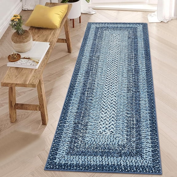 2x6 Runner Rug Braided Print Hallway Runner Rug Boho Rug Machine Washable Throw Floor Cover Non Slip Moroccan Carpet for Kitchen Farmhouse Rustic Runner for Living Room Bedroom, Blue