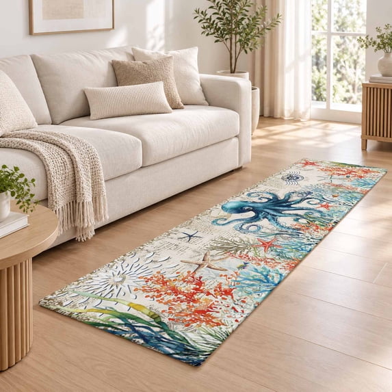 2x6 Runner Rug, Coastal Octopus Low Pile Washable Rugs for Hallway ...
