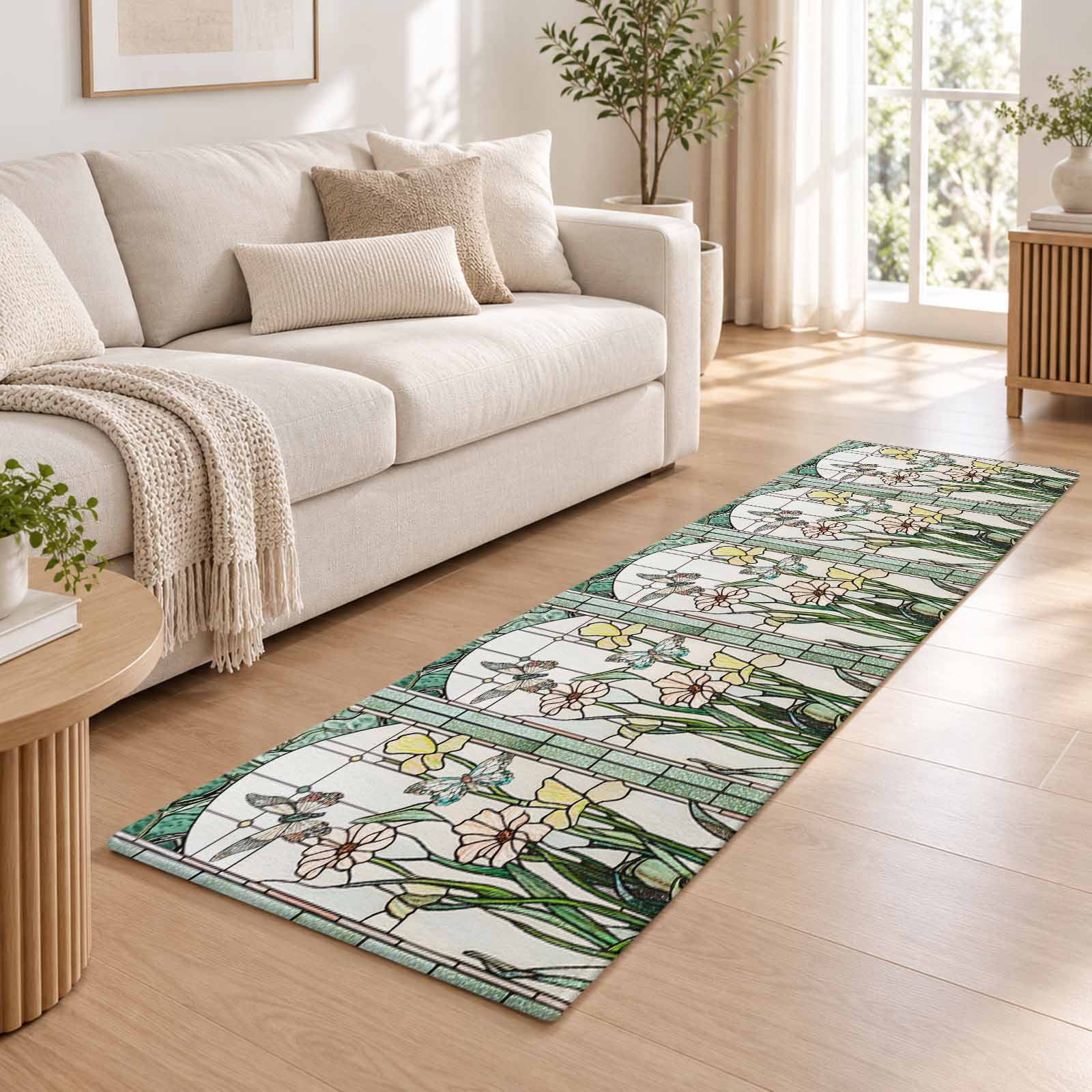 Green Rug Retro 2x6 Runner Rug, Green Spring Botanical Low Pile Washable Rugs for ...