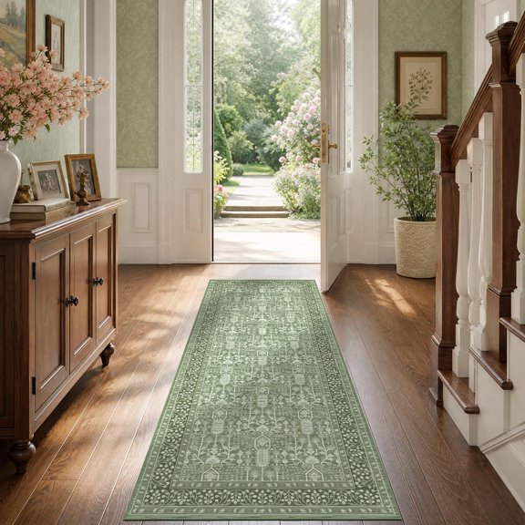 2x6 Runner Rug for Hallway Kitchen, Long Vintage Boho Thin Area Rugs with Non Slip Backing Machine Washable Low Pile Carpet for Livingroom Bedroom Corridor Indoor Durable Soft Mat 2x6ft Green