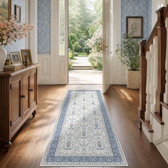 2x6 Runner Rug for Hallway Kitchen, Long Vintage Boho Thin Area Rugs with Non Slip Backing Machine Washable Low Pile Carpet for Livingroom Bedroom Corridor Indoor Durable Soft Mat 2x6ft Blue