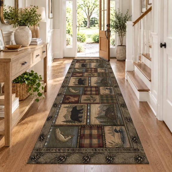 2x6 Runner Rug for Kitchen Bear Deer Fish Duck Washable Non-Slip Rug Rustic Cabin Pine Tree Woodland Patchwork Floor Carpet for Bedroom Entryway Bathroom Home Office