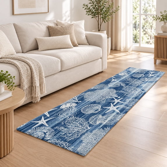 2x6 Runner Rug, Navy Blue Coastal Low Pile Washable Rugs for Hallway ...