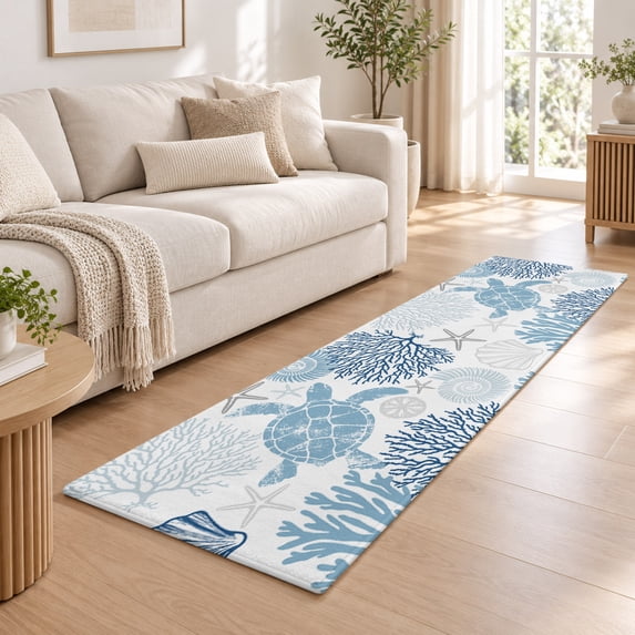 Navy Office Rug 2x6 Runner Rug, Navy Blue Coastal Turtle Low Pile Washable Rugs for ...