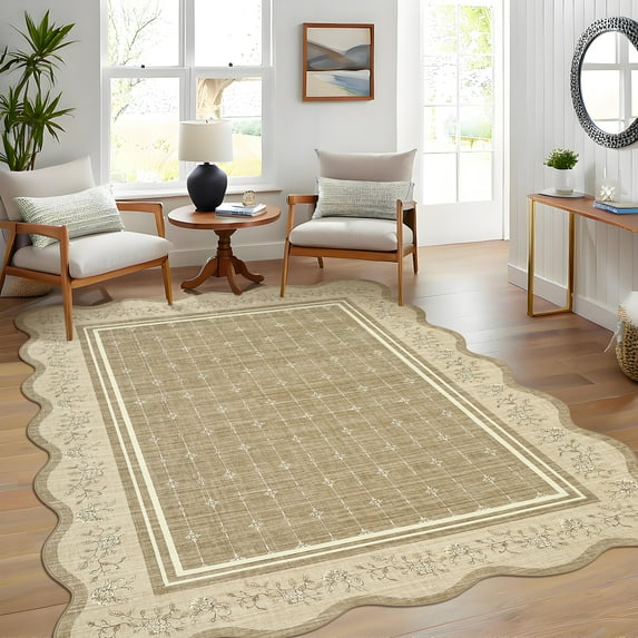 2x6 Runner Rug Scalloped Kitchen Runner Rug Non Slip Washable Entryway Runners Modern Bordered Foldable Thin Accent Carpet Low Pile Soft Nursery Rugs