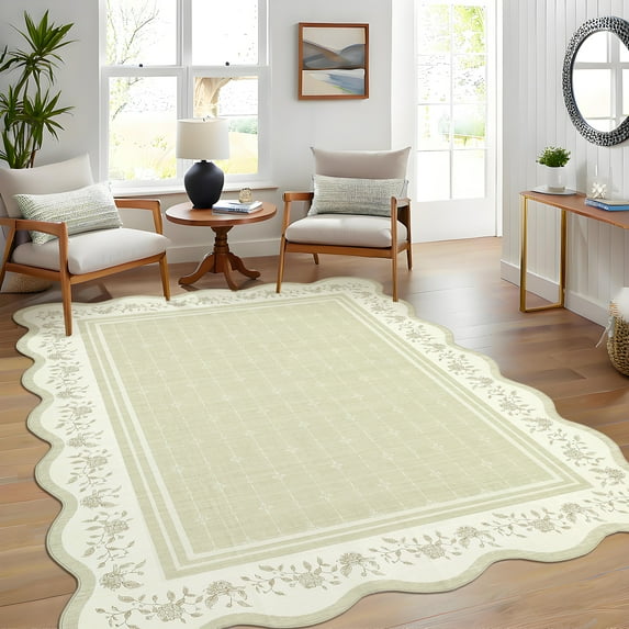 2x6 Runner Rug Scalloped Kitchen Runner Rug Non Slip Washable Entryway Runners Modern Bordered Foldable Thin Accent Carpet Low Pile Soft Nursery Rugs