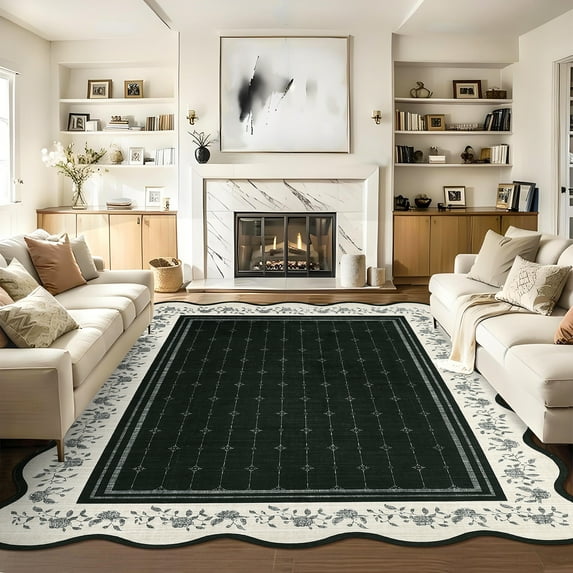 2x6 Runner Rug Scalloped Kitchen Runner Rug Non Slip Washable Entryway Runners Modern Bordered Foldable Thin Accent Carpet Low Pile Soft Nursery Rugs