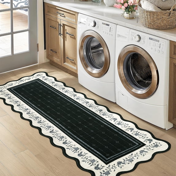 2x6 Runner Rug Scalloped Kitchen Runner Rug Non Slip Washable Entryway Runners Modern Bordered Foldable Thin Accent Carpet Low Pile Soft Nursery Rugs
