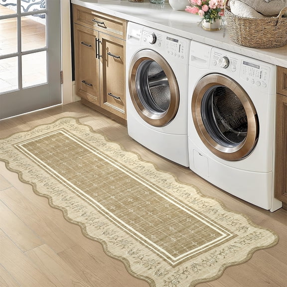 2x6 Runner Rug Scalloped Kitchen Runner Rug Non Slip Washable Entryway Runners Modern Bordered Foldable Thin Accent Carpet Low Pile Soft Nursery Rugs
