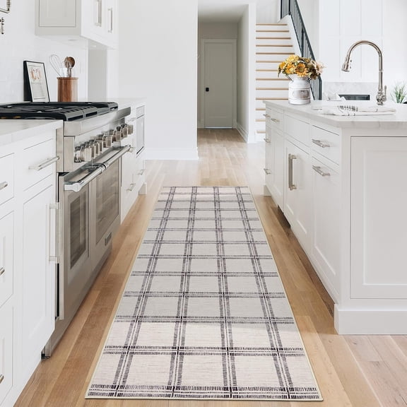 2x6 Runner Rug – Ultra-Soft Washable Modern Plaid Low Pile Geometric Carpet for Hallway Entryway Kitchen Laundry – Non-Slip, Stain & Pet Resistant, Foldable – Boho Farmhouse Décor, Beige