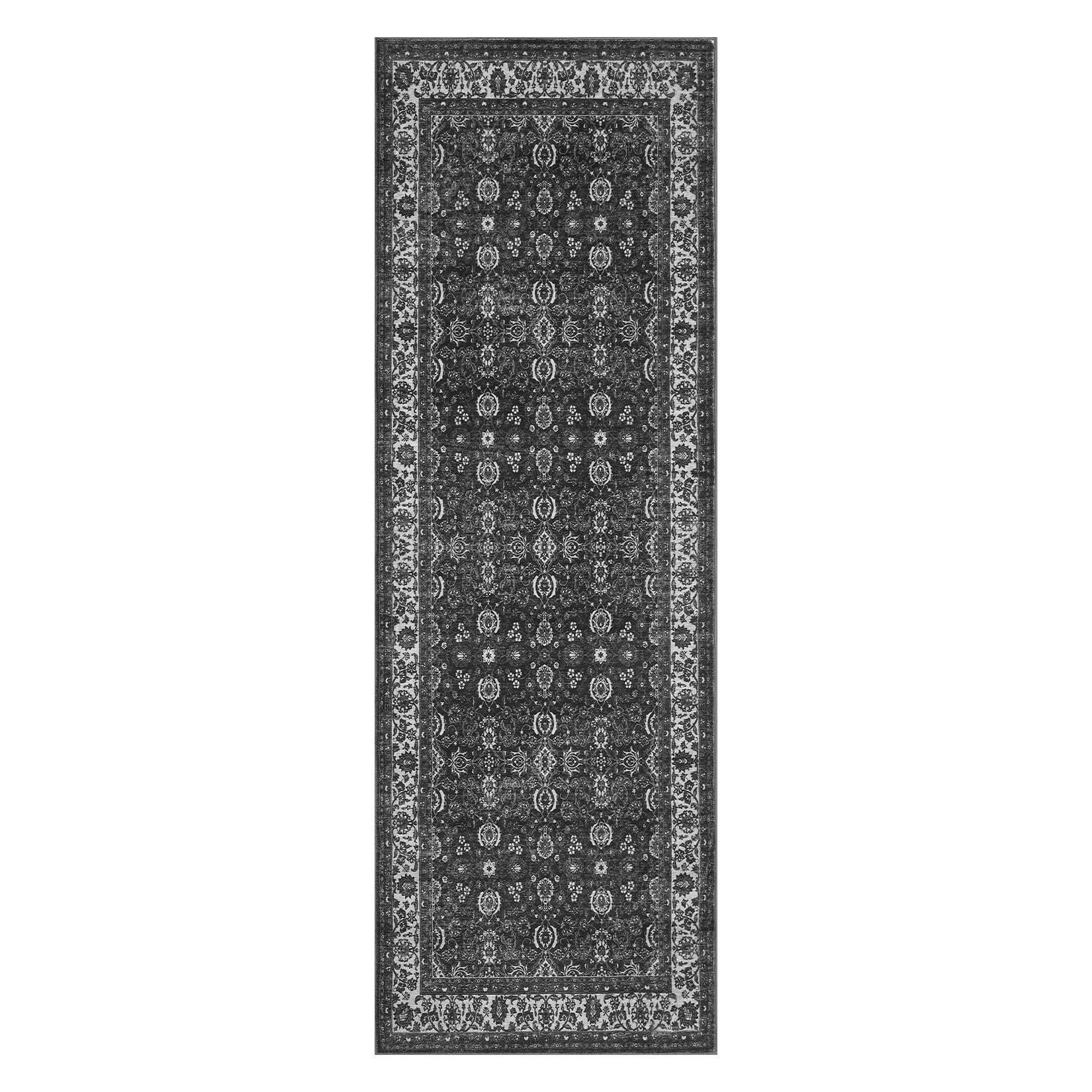 2x6 Runner Rug Vintage Floral Machine Washable Rugs, Non-Slip Vintage Boho Ultra-Thin Throw Carpet for Hallway Entryway Black