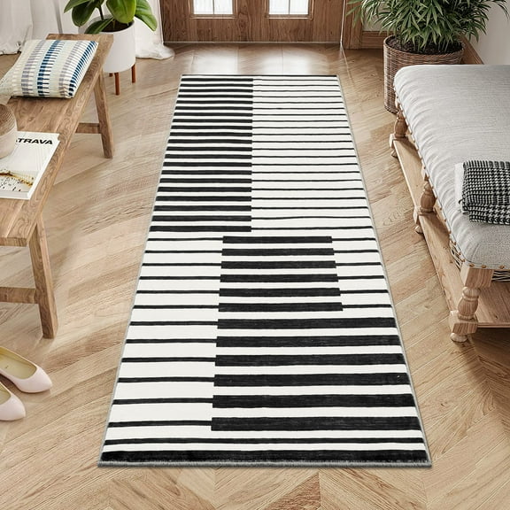 2x6 Runner Rug Washable Geometric Rug Stripe Farmhouse Bohemian Non Slip Ultra Thin Soft Rug for Hallway Bathroom Entryway Black