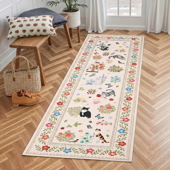 2x6 Runner Rug Washable Non Slip Cat Design Floral Farmhouse Low Pile for Entryway Kitchen Beige