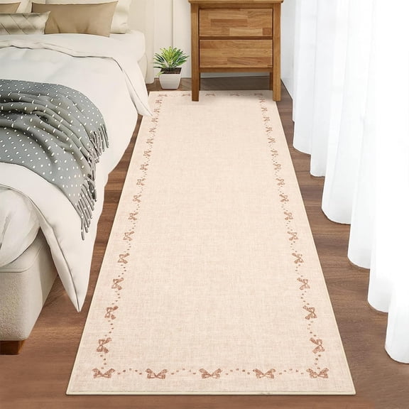 2x6 Runner Rug Washable Non Slip Low Pile Rug for Hallway Kitchen Entryway Bow Design Beige