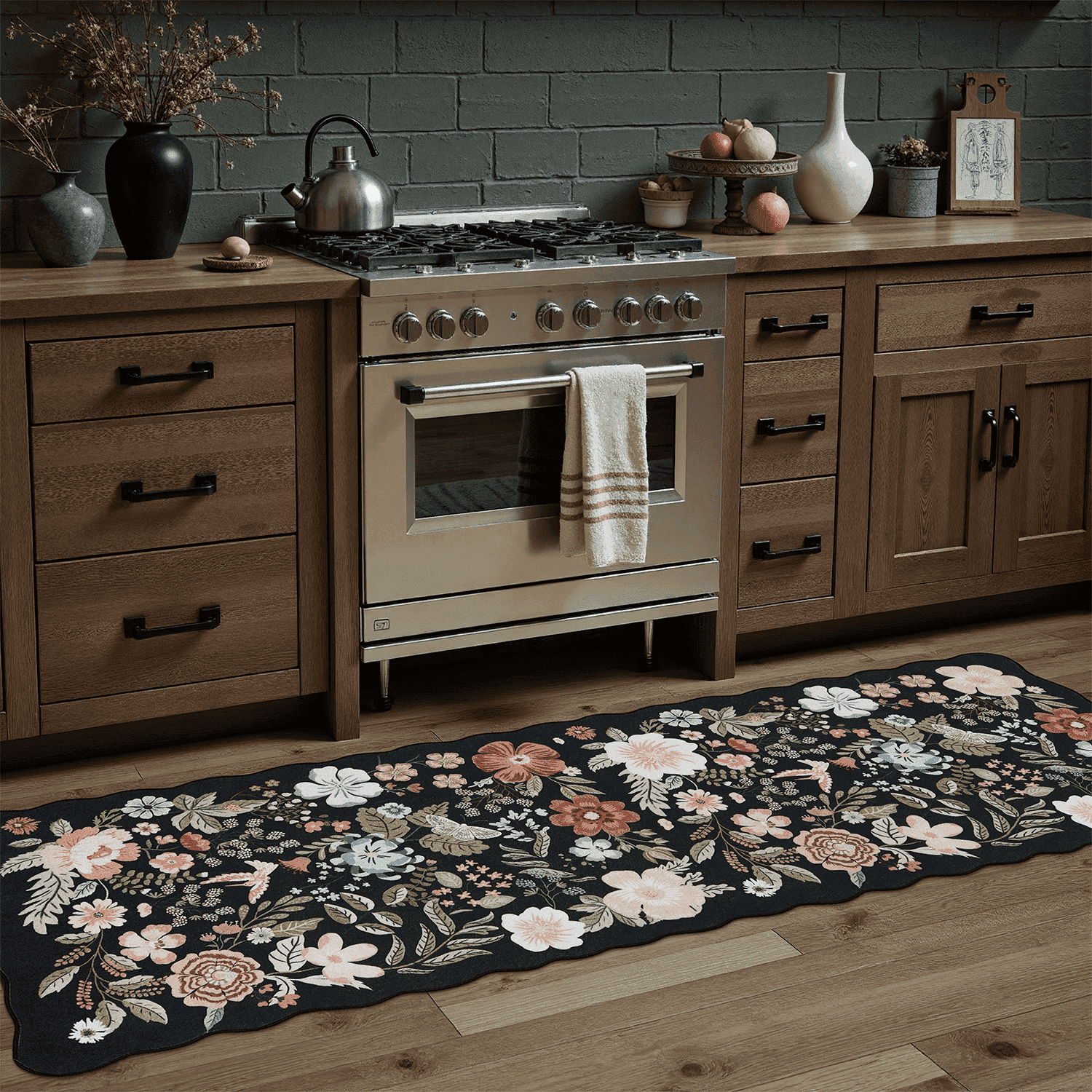 2x6 Runner Rug, Washable, Non-Slip, Stain-Resistant Low-Pile Vintage Floral Scalloped Rug for Kitchen, Entryway, Passage, -Black