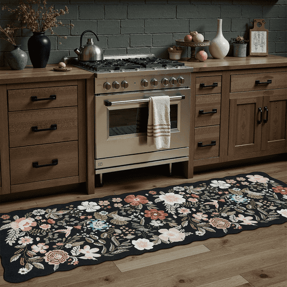 2x6 Runner Rug, Washable, Non-Slip, Stain-Resistant Low-Pile Vintage Floral Scalloped Rug for Kitchen, Entryway, Passage, -Black