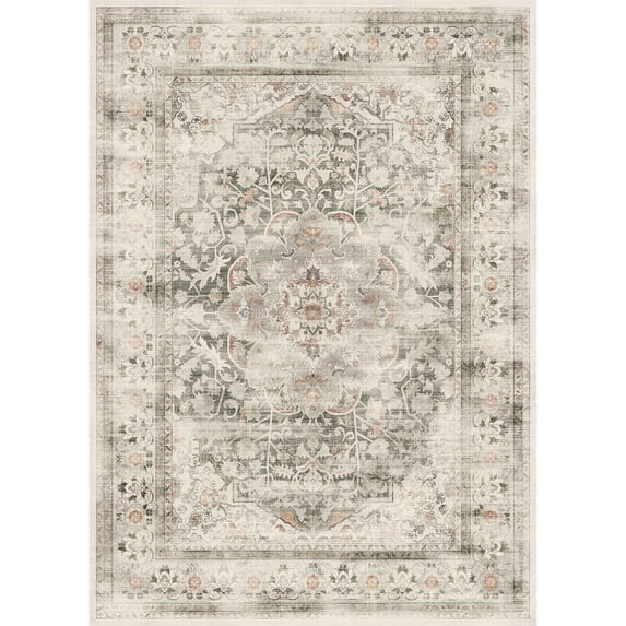 2x6 Runner Rug, Washable, Non-Slip, Stain-Resistant Low-Pile Vintage Persian Style Rug for Kitchen, Entryway, Passage -Grey and Green
