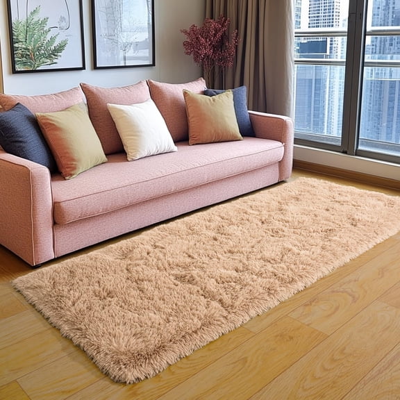 2x6 Runner Rug for Bedroom, Fluffy Shaggy Beige Rugs for Dorm, Fuzzy Shag Non-Slip Washable Soft Plush Carpet for Bedside Girls Boys Kids Room Decor