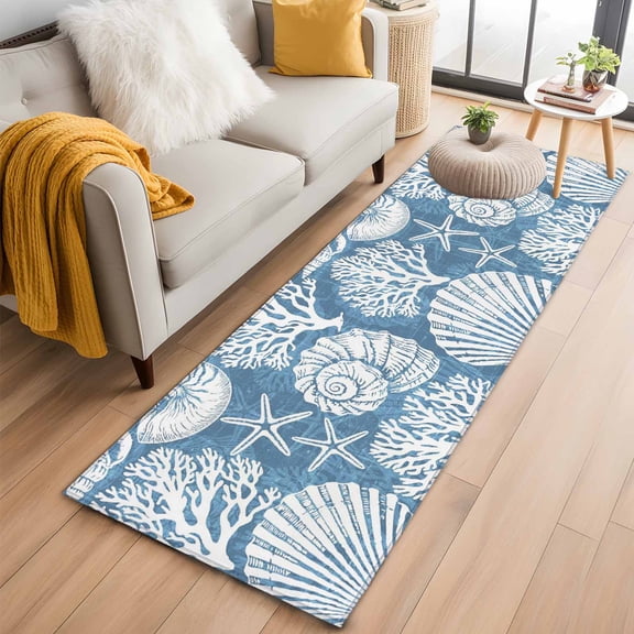 2x6 Runner Rugs for Hallway, Blue Coastal Washable Rug for Entryway, Kitchen Floor, Conch Nautical Summer Starfish Shell Coral Non Slip Area Rugs Low Pile Carpet for Home Decor