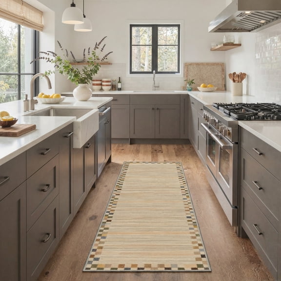 2x6 Runner Rugs for Hallway Kitchen Laundry Room Non Slip Low Pile Washable Rug, Lightweight Thin Indoor Carpet Runner for Bedroom Bathroom Entryway, Modern Geometric Square Pattern Beige