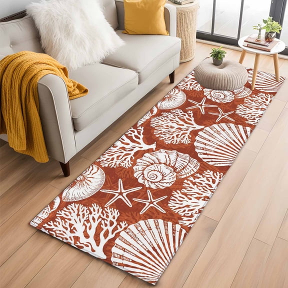 2x6 Runner Rugs for Hallway, Red Coastal Washable Rug for Entryway, Kitchen Floor, Conch Nautical Summer Starfish Shell Coral Non Slip Area Rugs Low Pile Carpet for Home Decor