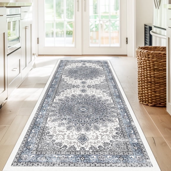 2x6 Runner Rugs for Entryway Washable Hallway Runner Rugs Non-Slip Foldable Low Pile Blue