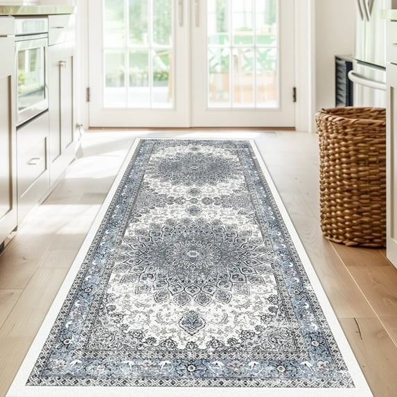 2x6 Runner Rugs for Entryway Washable Hallway Runner Rugs Non-Slip Foldable Low Pile Blue