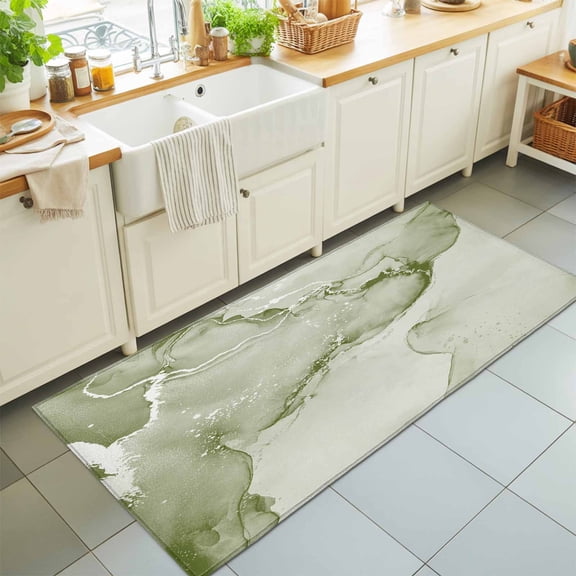 2x6 Sage Green Marble Runner Rug for Hallway, Washable Non Slip Low Pile Soft Indoor Runner for Kitchen Laundry Bedroom, Abstract Waves Cloud Floor Runner