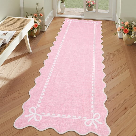 2x6 Scalloped Bow Rug for Living Room,Solid Pink Rug for Dorm,Washable Runner Rugs Soft Low Pile Non Slip Scalloped Rugs for Nursery Bedroom Decor Hallway Entryway Playroom